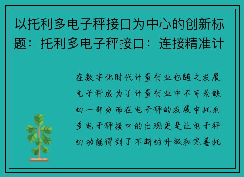 以托利多电子秤接口为中心的创新标题：托利多电子秤接口：连接精准计量的纽带